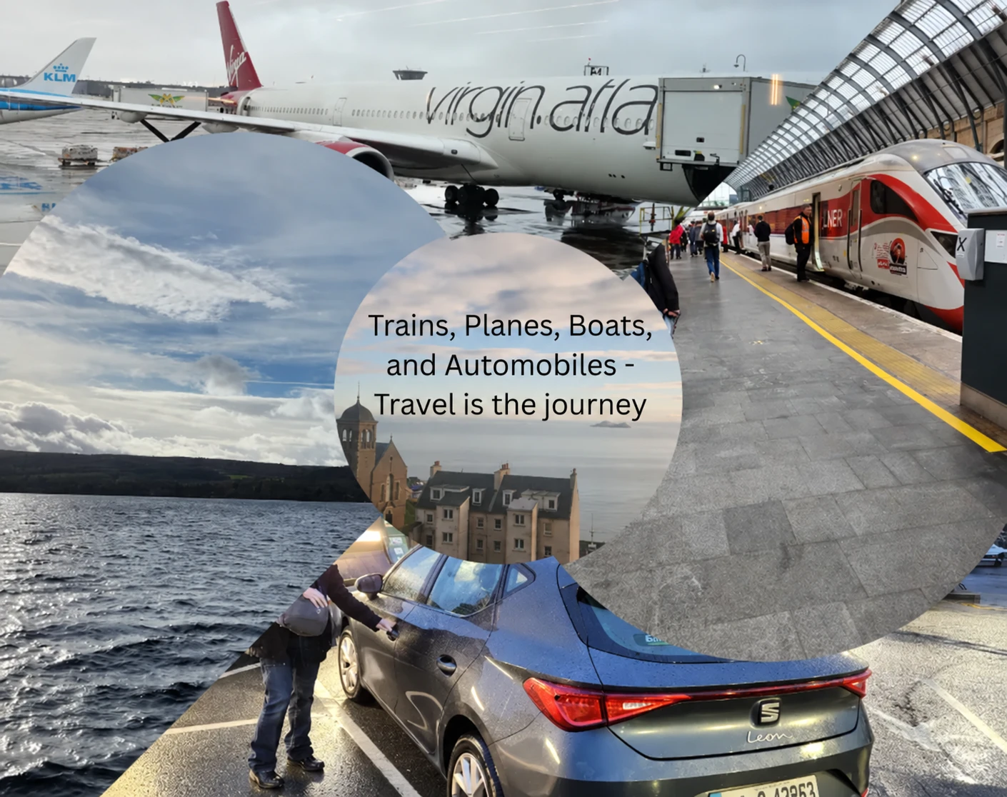Travel photo collage of an airplane, a train, Loch Lomond, and a rental car, with the words Travel is the journey.